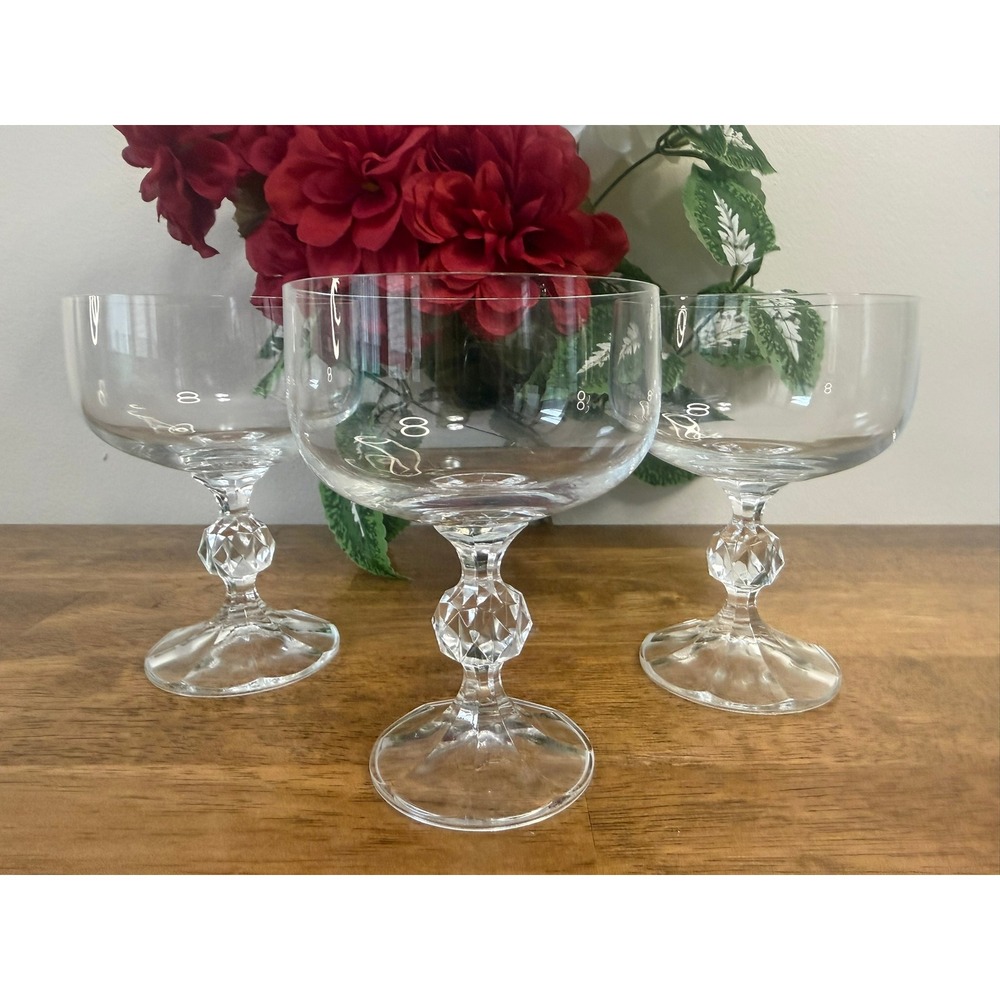 Vintage Bohemia Crystal Claudia Coupe Glasses Faceted Stem Set‎ Retro Bar Cart